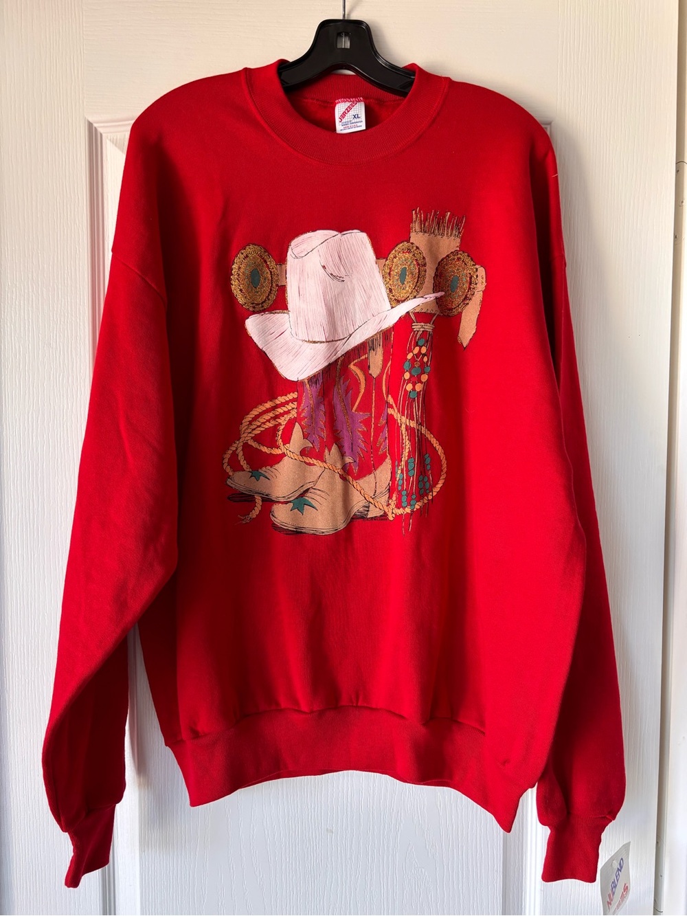VTG Jerzees Crew Neck sweatshirt cowboy boots hat red new w/tags womens XL